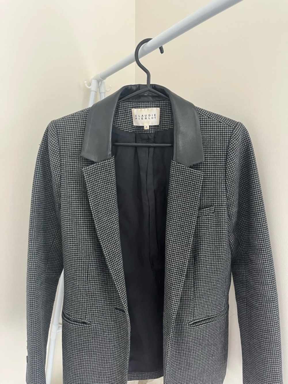 Claudie Pierlot Black & White Houndstooth Wool Blazer with Faux Leather Collar
